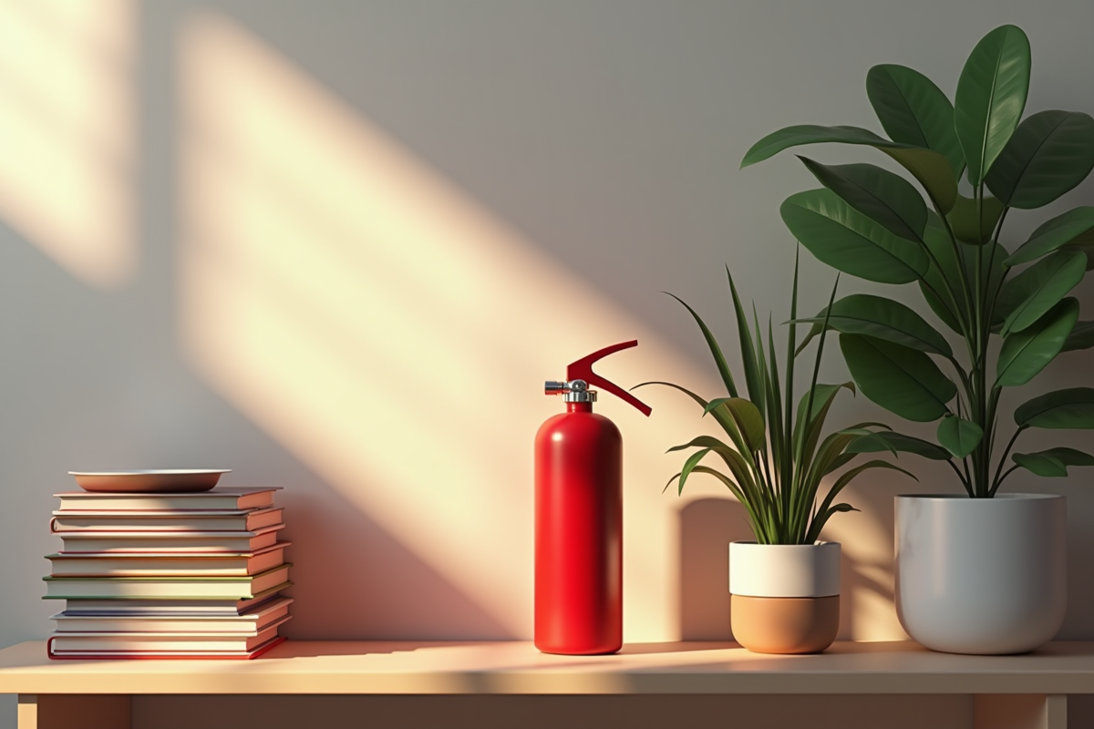 Salon avec extincteur à côté de livres et plante verte