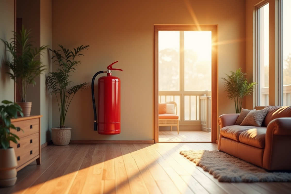 Salon moderne avec un extincteur rouge sur le mur