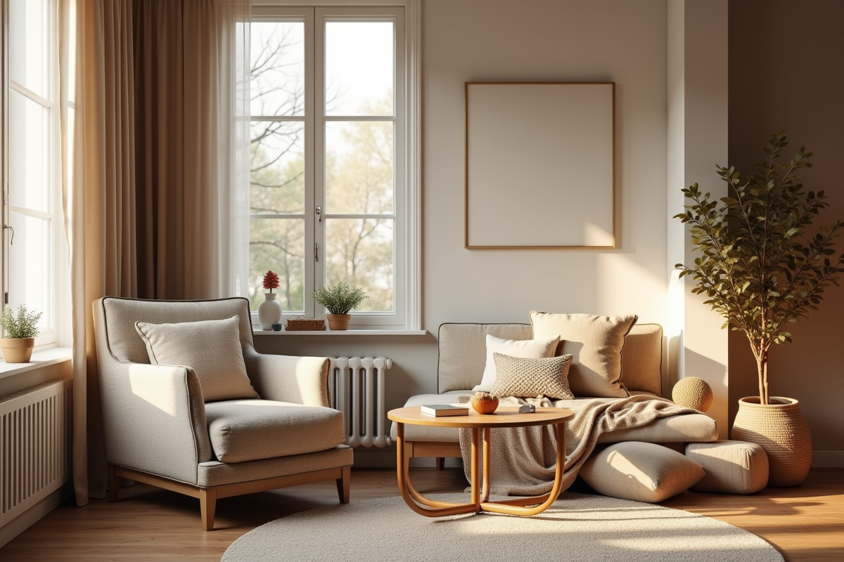 Salon chaleureux avec fauteuil moelleux et lumière naturelle