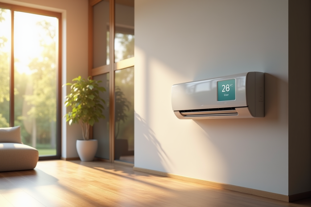Salon moderne avec pompe à chaleur et thermostat numérique