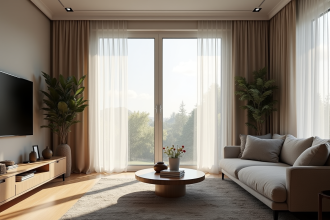 Salon moderne avec lumière contrastée et rideaux