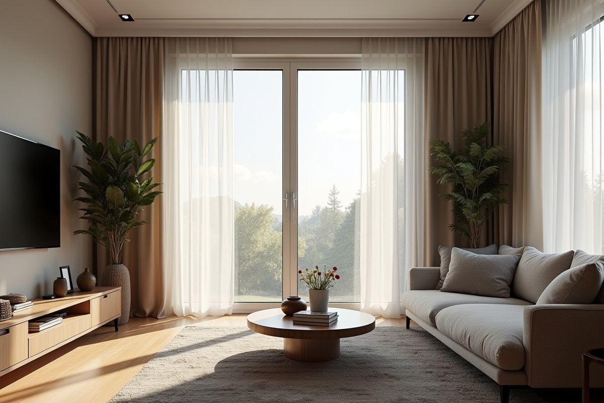 Salon moderne avec lumière contrastée et rideaux