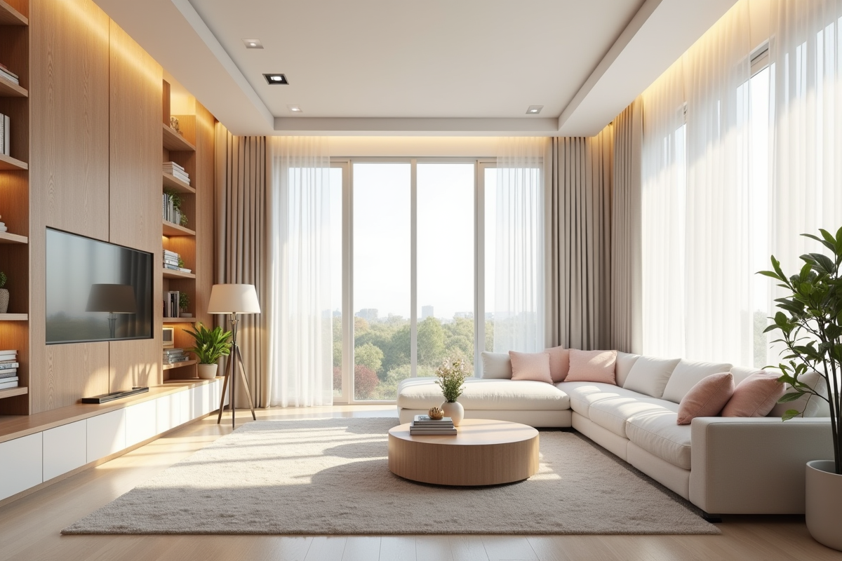 Salon moderne avec plafond bas et éclairage vers le haut