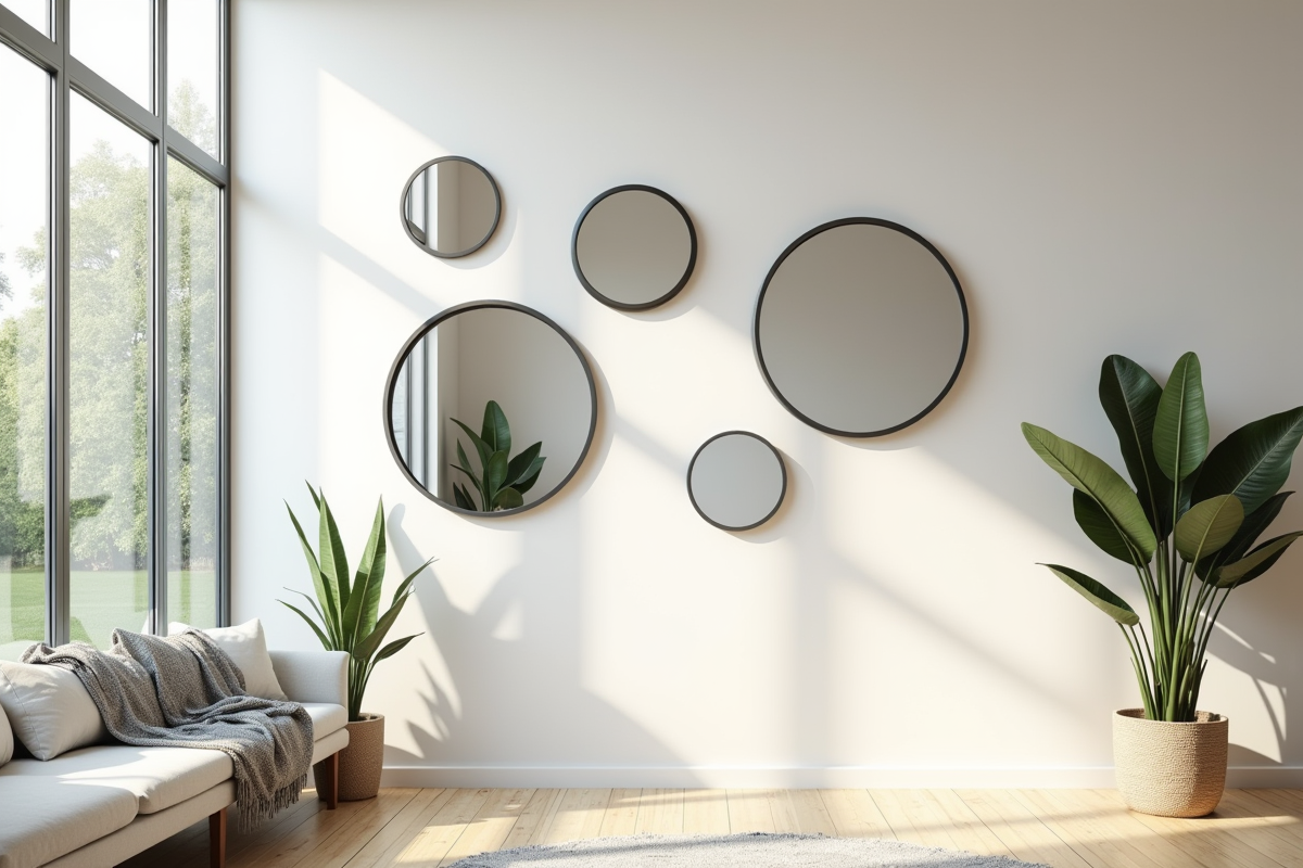 Salon lumineux avec miroirs de formes variées
