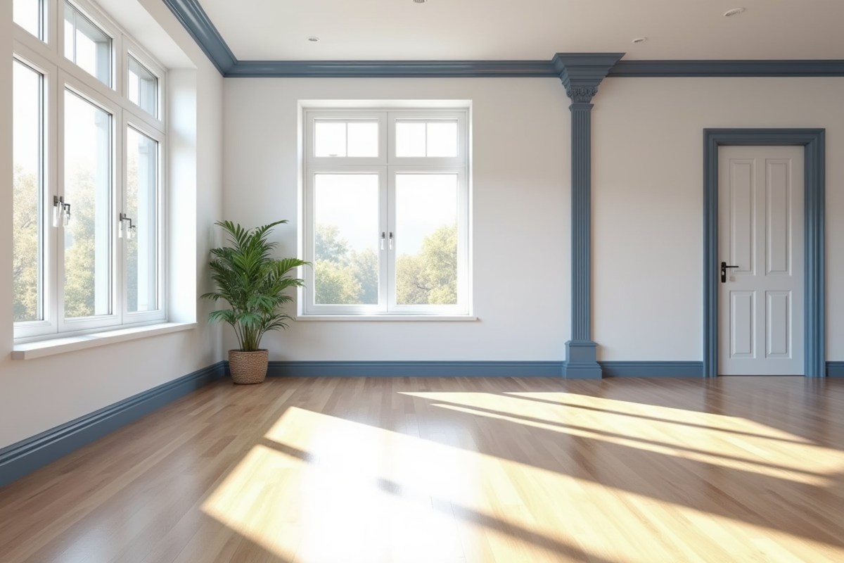 Salon moderne blanc avec accents bleu marine lumineux