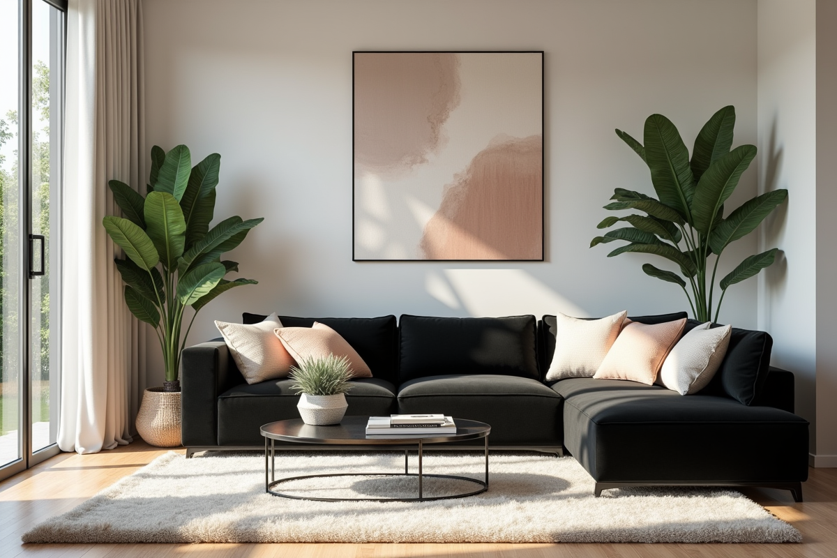 Salon moderne avec canapé noir et plantes vertes