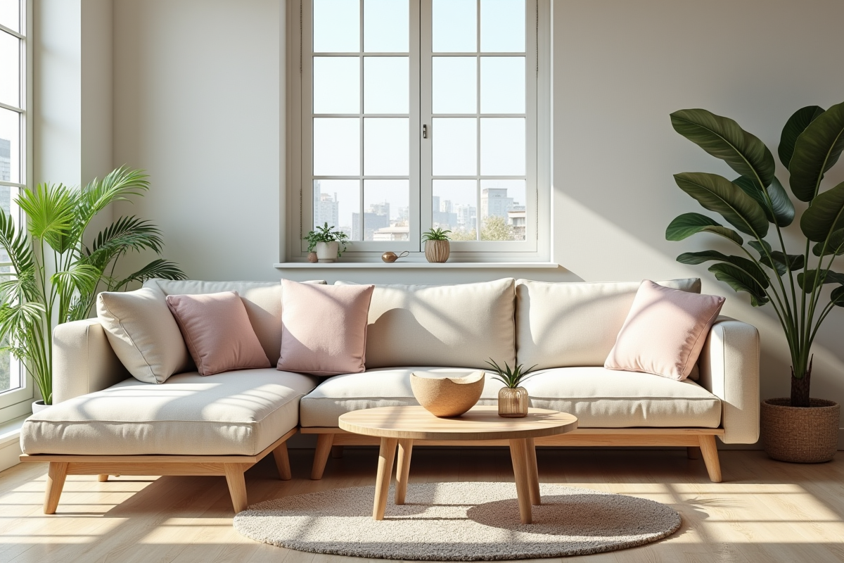 Salon moderne avec canapé beige et plantes d'intérieur