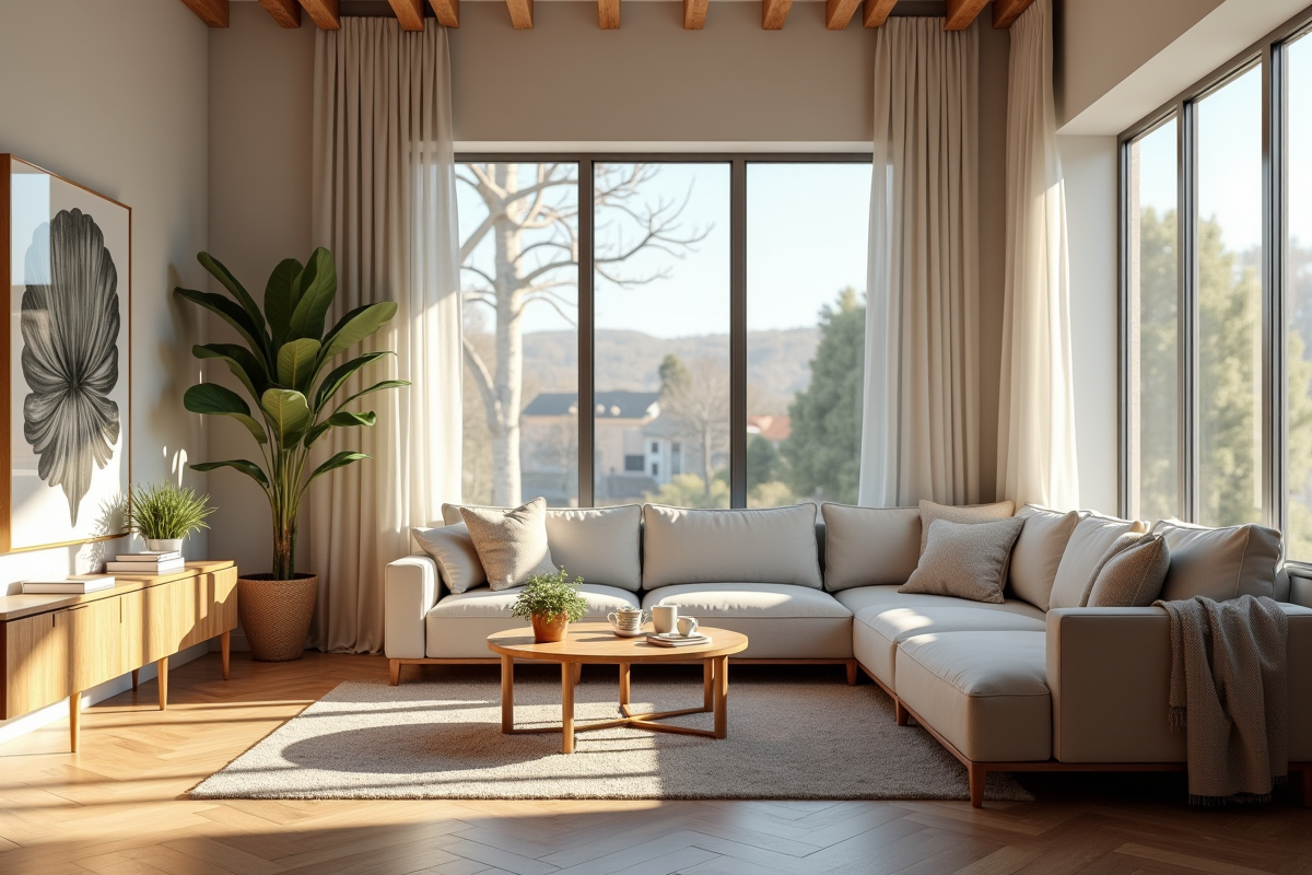 Salon moderne lumineux avec meubles et prix