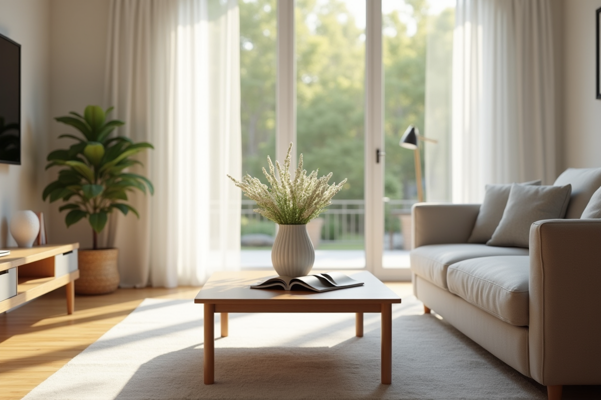 Salon moderne lumineux avec fenêtres grandes et fleurs fraîches