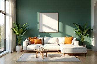 Salon moderne avec murs vert eau et mobilier blanc