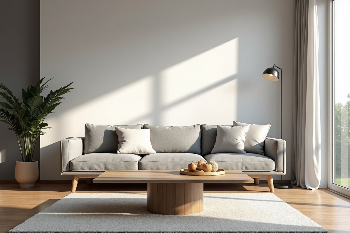 Salon moderne avec canapé gris et table en bois