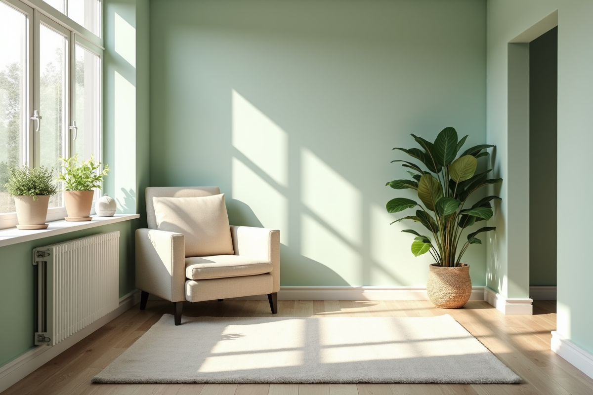 Salon scandinave lumineux avec plantes et fauteuil beige