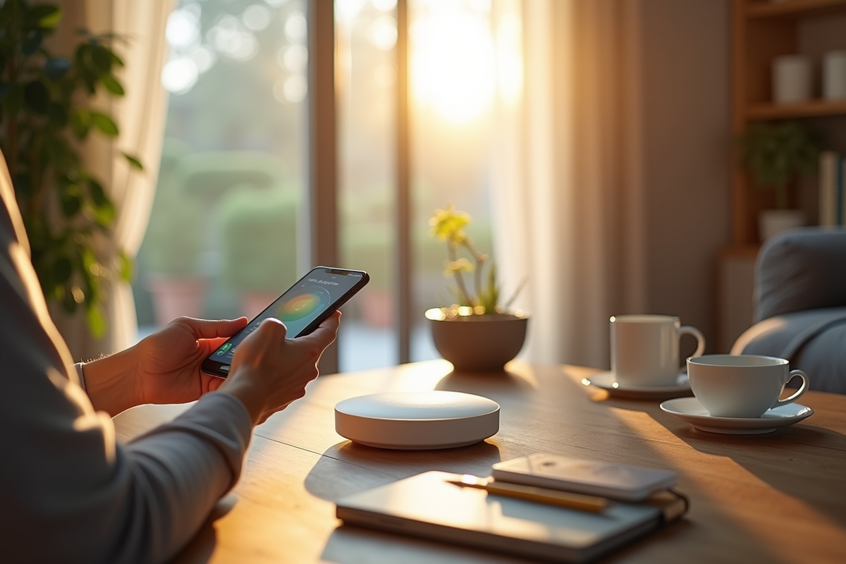 Salon moderne avec hub intelligent et contrôle smartphone