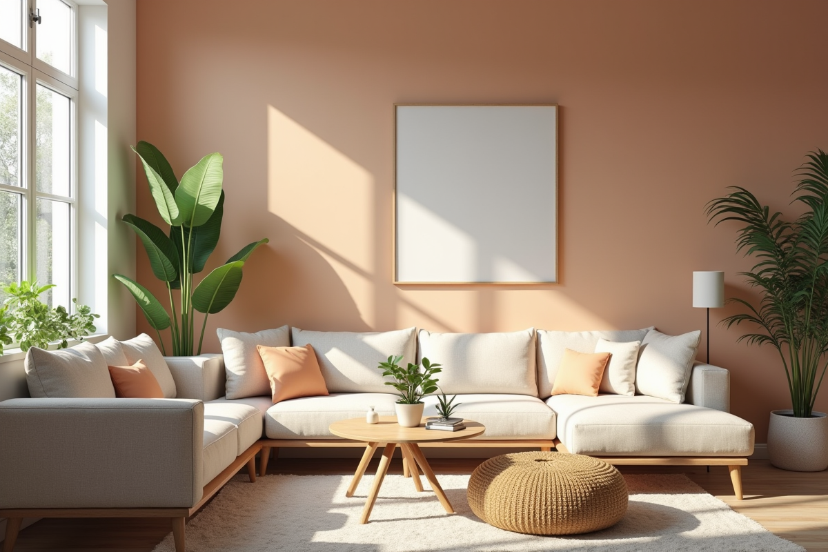 Salon moderne avec couleurs tendance 2025 et plantes