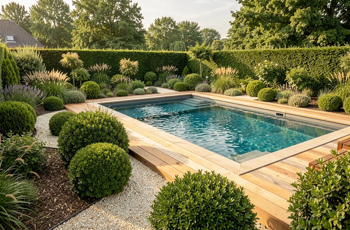 Aménagement paysager autour d'une piscine réalisé par Sarl Alliance Paysage en Vendée