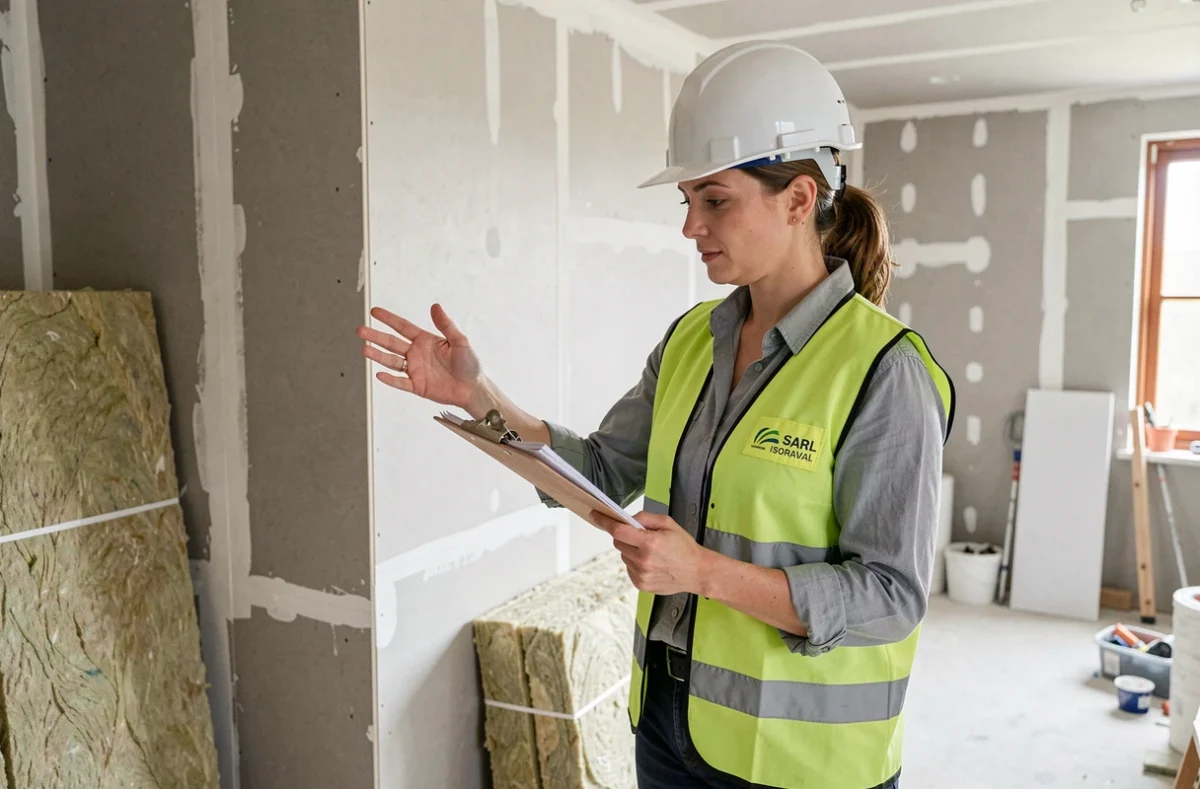 Chef de projet Sarl Isoraval supervisant l'installation d'isolants dans une construction neuve bretonne
