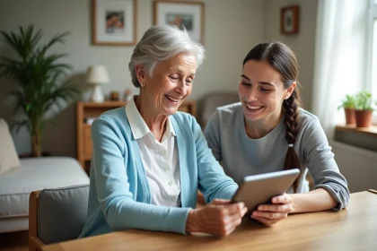 Femme senior souriante avec aidante utilisant une tablette