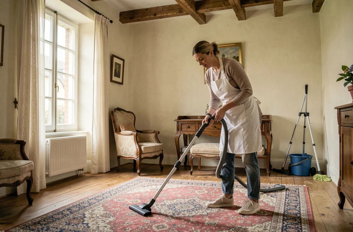 Femme de ménage passant l'aspirateur dans un salon traditionnel d'une maison à Amiens