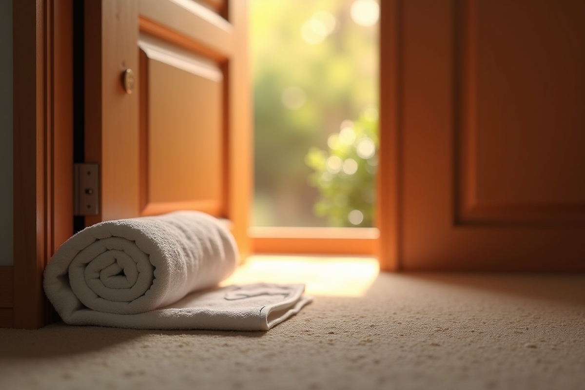 Serviette roulée sous une porte en bois dans un couloir chaleureux