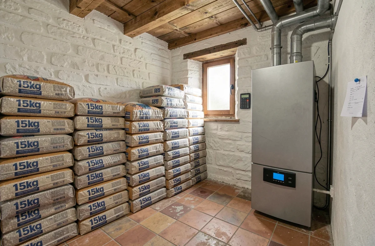 Réserve de sacs de pellets de bois stockés dans une chaufferie domestique avec chaudière à granulés, illustrant le budget chauffage hivernal