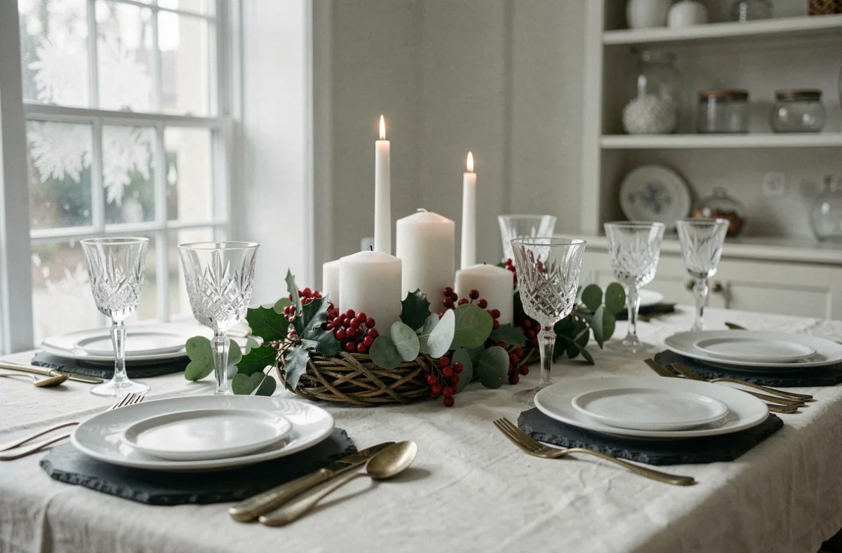 Table de Noël élégamment dressée avec centre de table en végétaux frais, bougies blanches et vaisselle en céramique mate