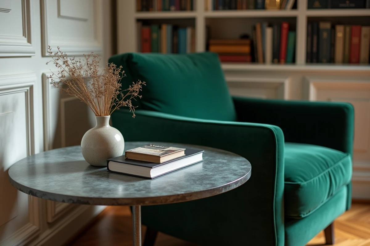 Table d'appoint en zinc patiné aux reflets bleutés placée à côté d'un fauteuil en velours vert dans un salon parisien