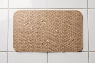Tapis antidérapant de bain en caoutchouc naturel sans PVC avec surface texturée en nid d'abeille sur carrelage blanc