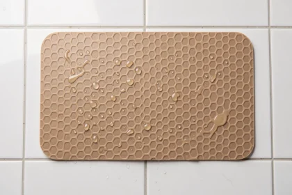 Tapis antidérapant de bain en caoutchouc naturel sans PVC avec surface texturée en nid d'abeille sur carrelage blanc