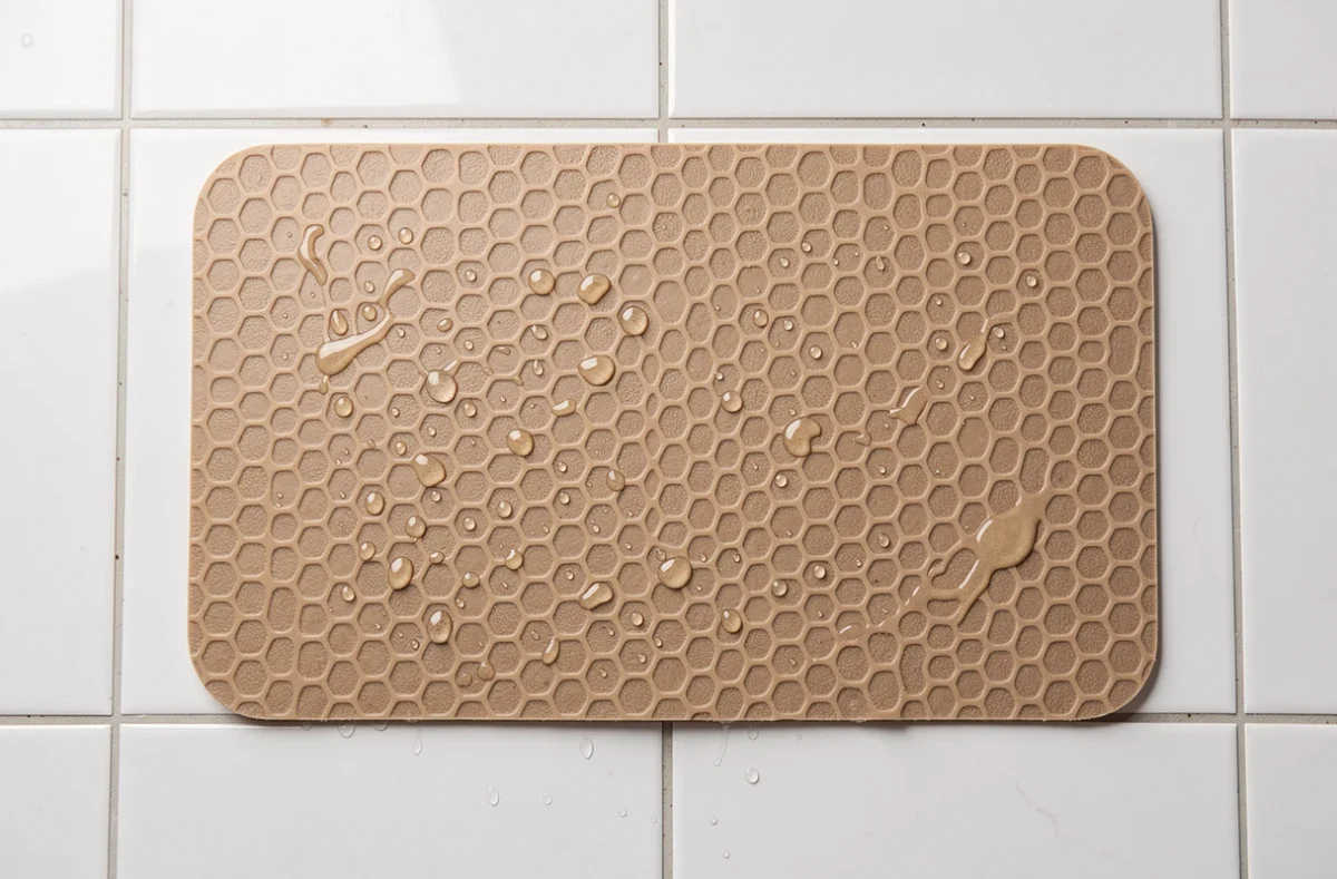 Tapis antidérapant de bain en caoutchouc naturel sans PVC avec surface texturée en nid d'abeille sur carrelage blanc