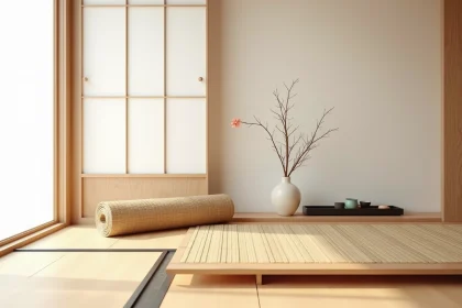 Salon japonisant minimaliste avec tatami traditionnel et natte en jonc de mer posés côte à côte sur plancher en bois clair