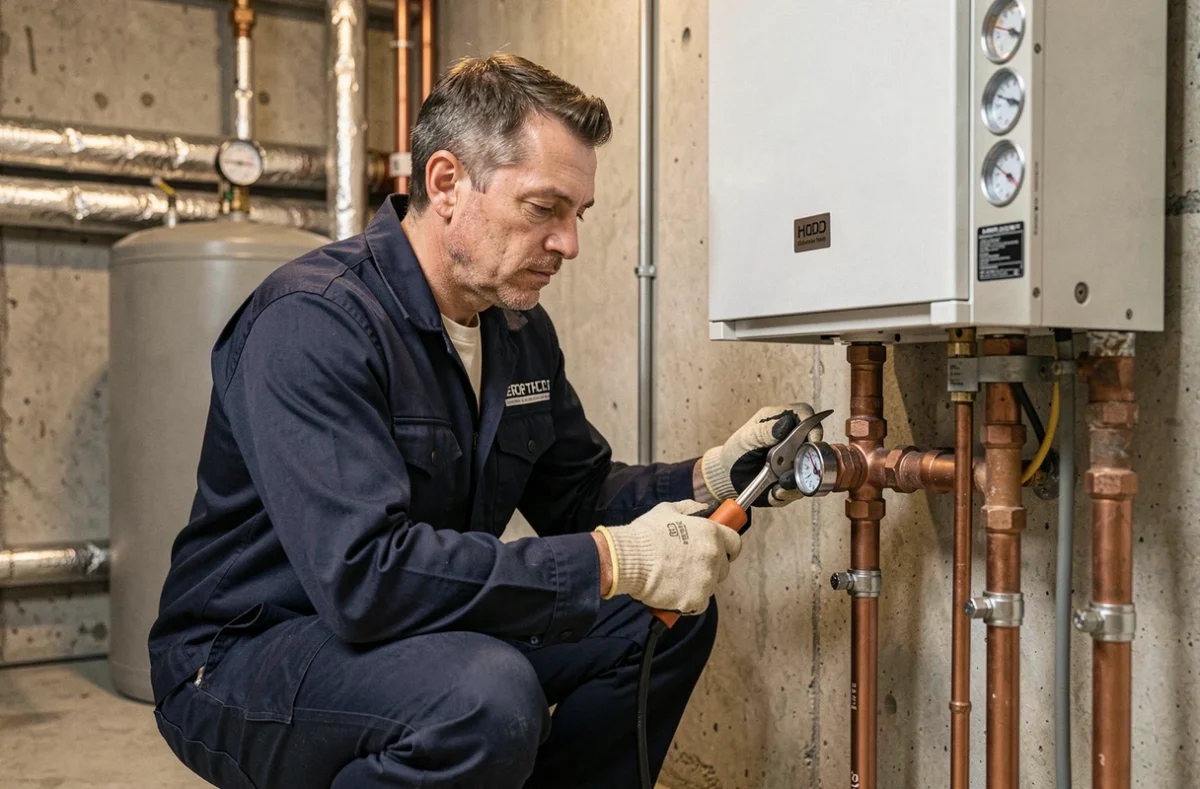 Technicien installant les liaisons hydrauliques d'une pompe à chaleur air-eau dans une chaufferie