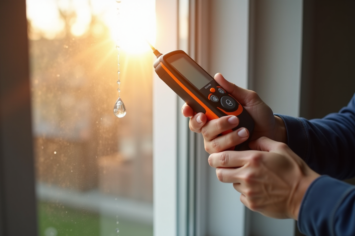 Technicien utilisant un humidimètre numérique sur une fenêtre neuve