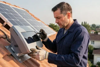 Technicien inspectant un panneau solaire avec batterie intégrée sur un toit résidentiel