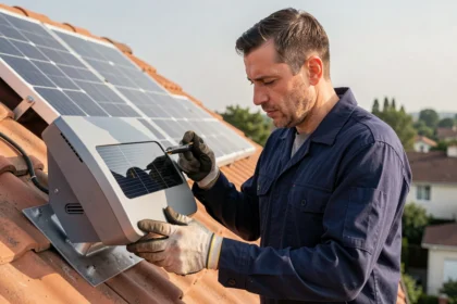 Technicien inspectant un panneau solaire avec batterie intégrée sur un toit résidentiel