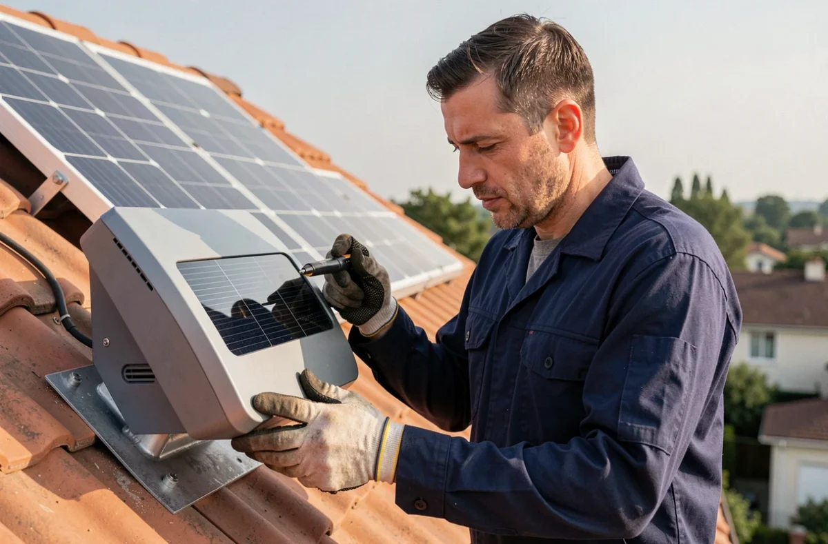 Technicien inspectant un panneau solaire avec batterie intégrée sur un toit résidentiel