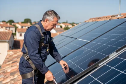 Technicien inspectant des panneaux solaires photovoltaïques sur un toit en France