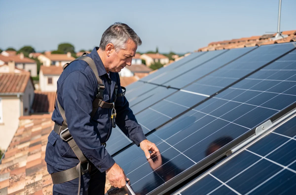 Technicien inspectant des panneaux solaires photovoltaïques sur un toit en France
