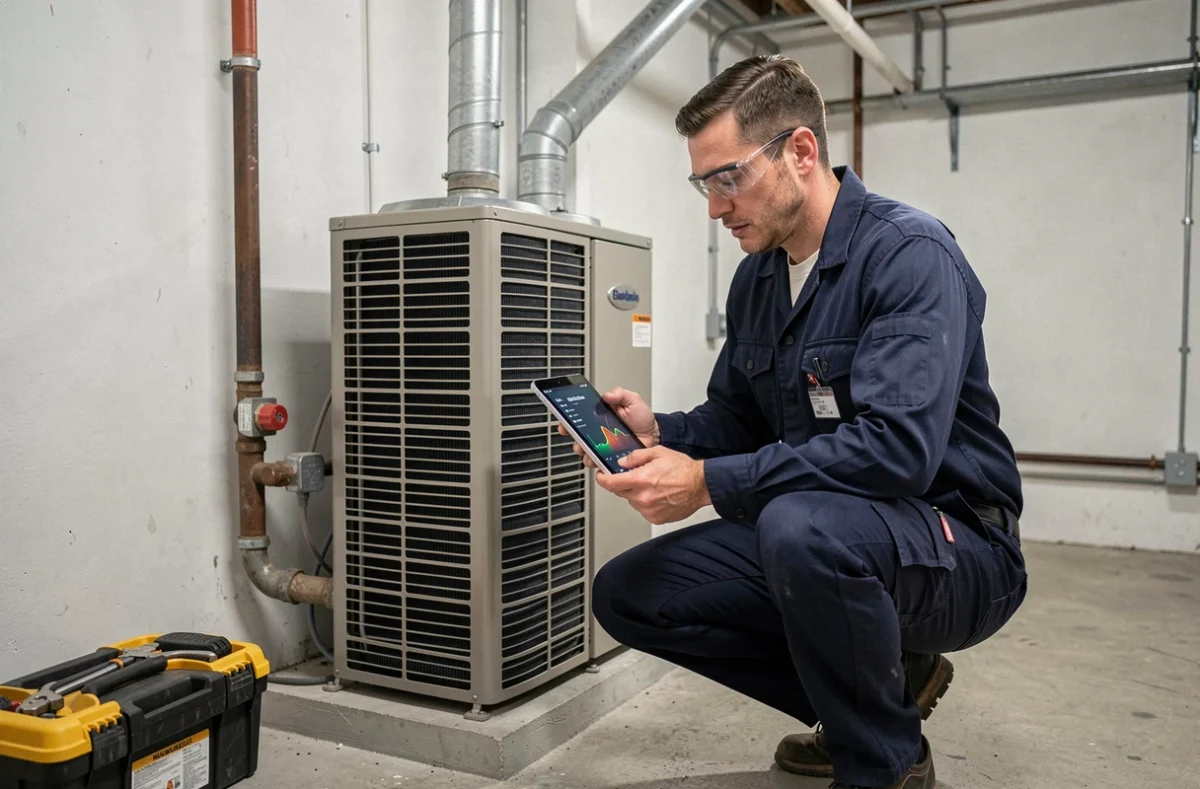 Technicien en chauffage vérifiant les performances d'une pompe à chaleur 12 kW dans une chaufferie