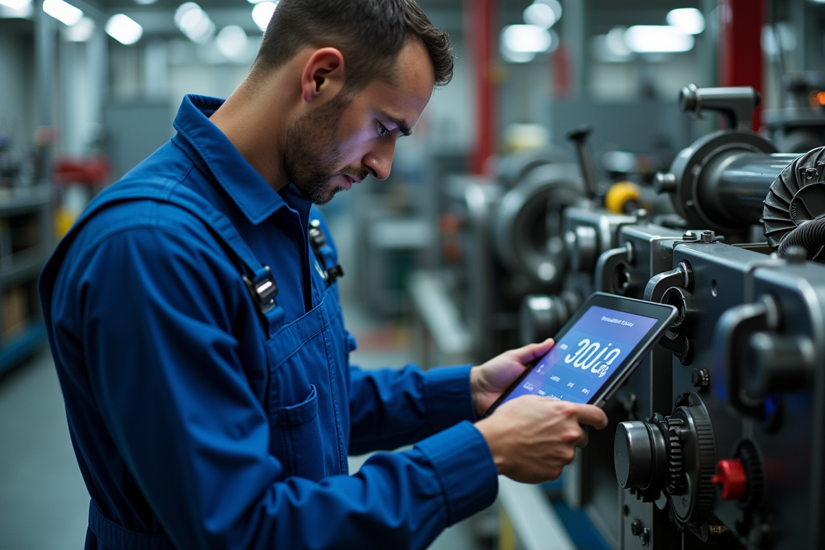 Technicien en bleu réparant une machine hightech dans un atelier moderne