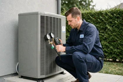 Technicien RGE certifié installant une pompe à chaleur sur la façade extérieure d'une maison individuelle