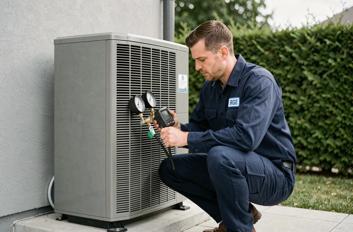 Technicien RGE certifié installant une pompe à chaleur sur la façade extérieure d'une maison individuelle