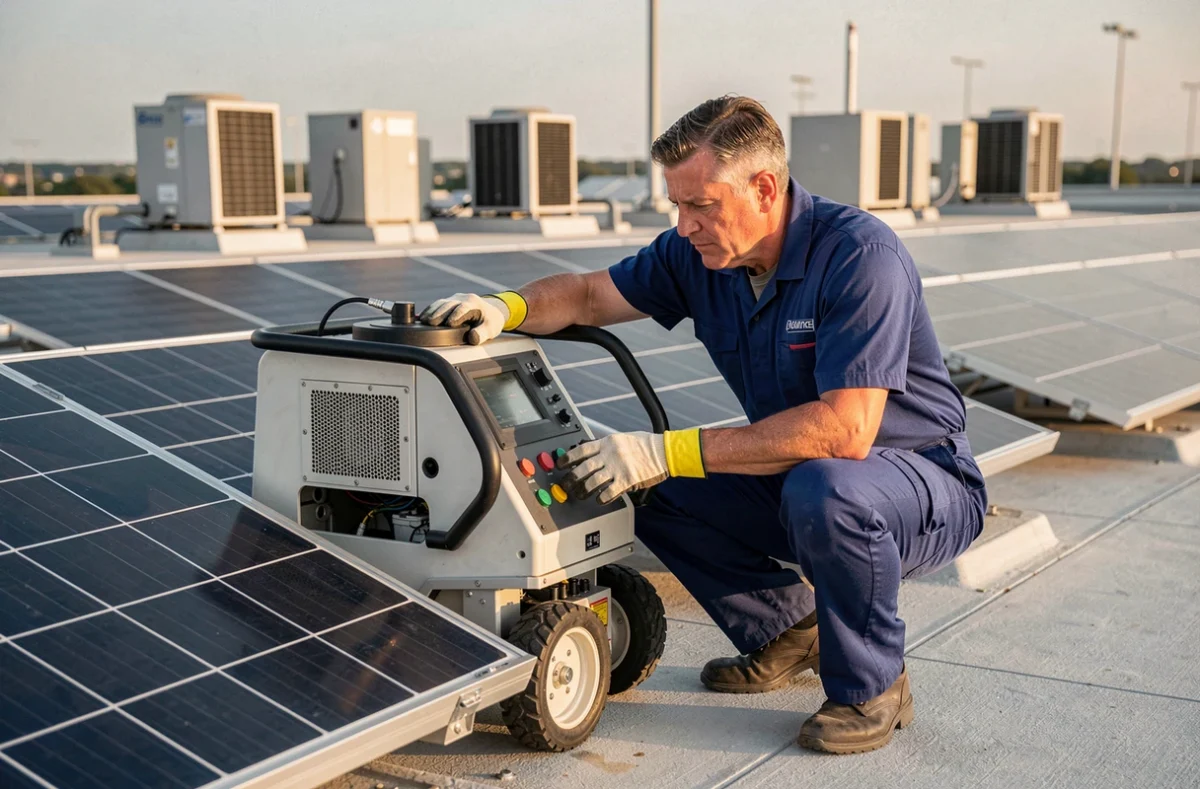Technicien inspectant un robot de nettoyage de panneaux solaires sur une toiture commerciale