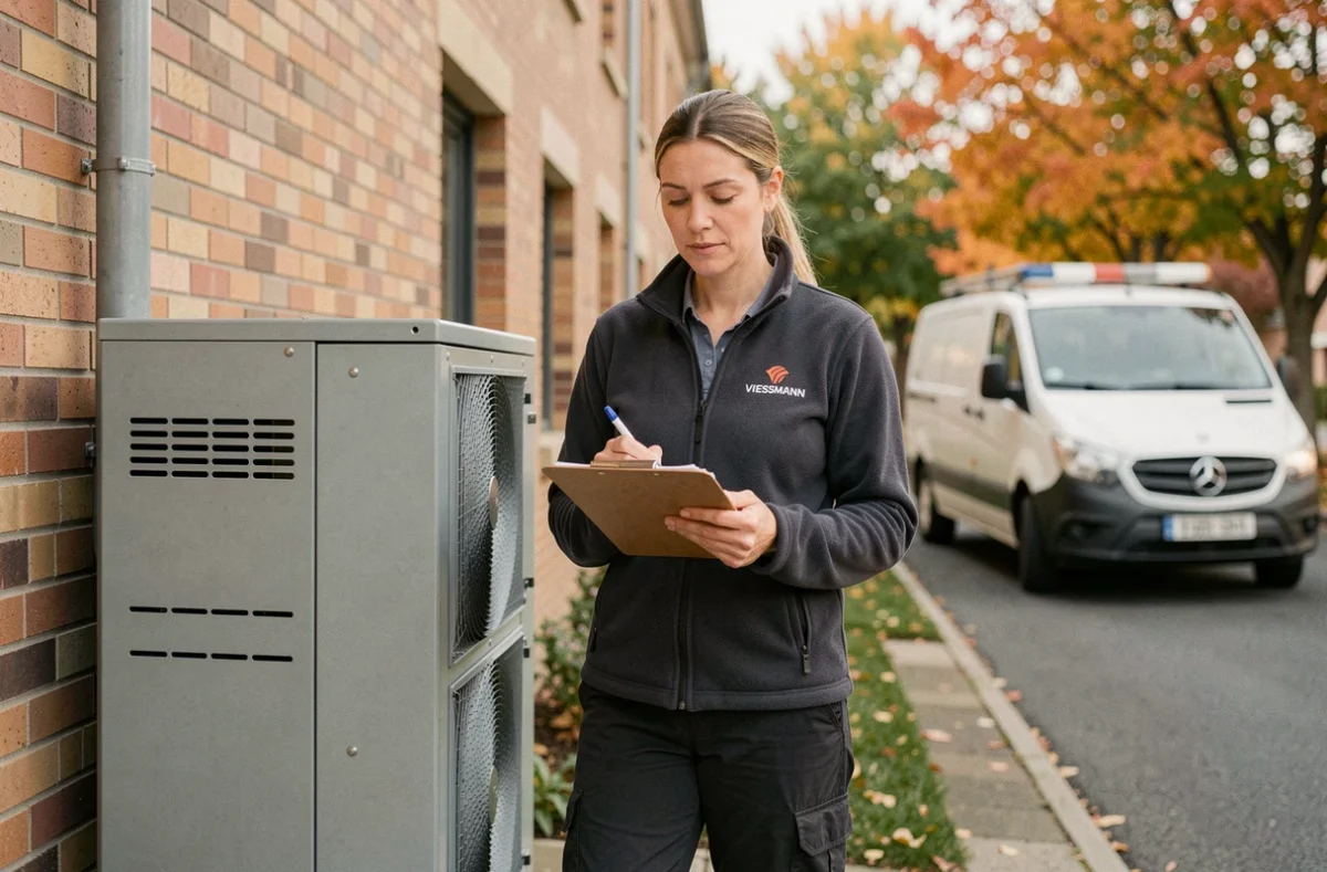 Technicienne spécialisée notant ses observations devant une pompe à chaleur Viessmann installée sur une maison en brique