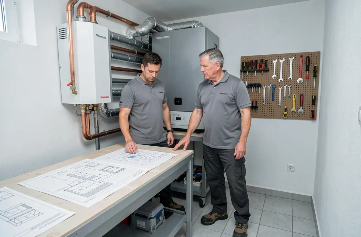 Deux techniciens chauffagistes discutant des plans d'installation d'une pompe à chaleur Viessmann dans une chaufferie
