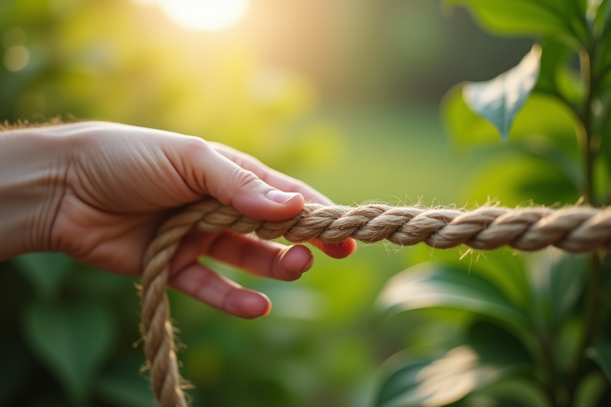 Main testant la resistance d une corde en fibres naturelles en extérieur