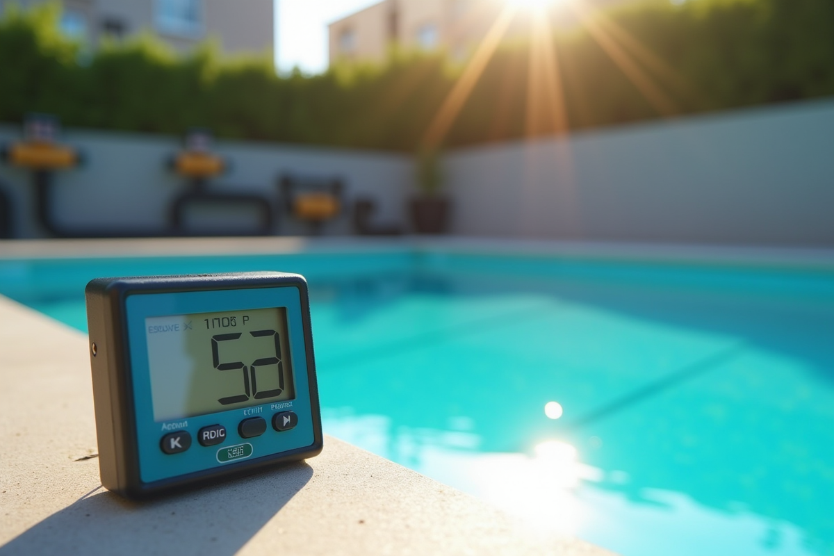 Gros plan sur un testeur de chimie piscine et un thermometre à côté de la piscine