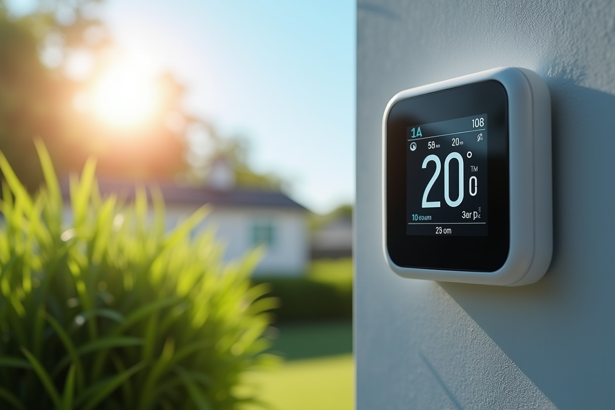 Thermomètre numérique extérieur sur maison moderne avec plantes
