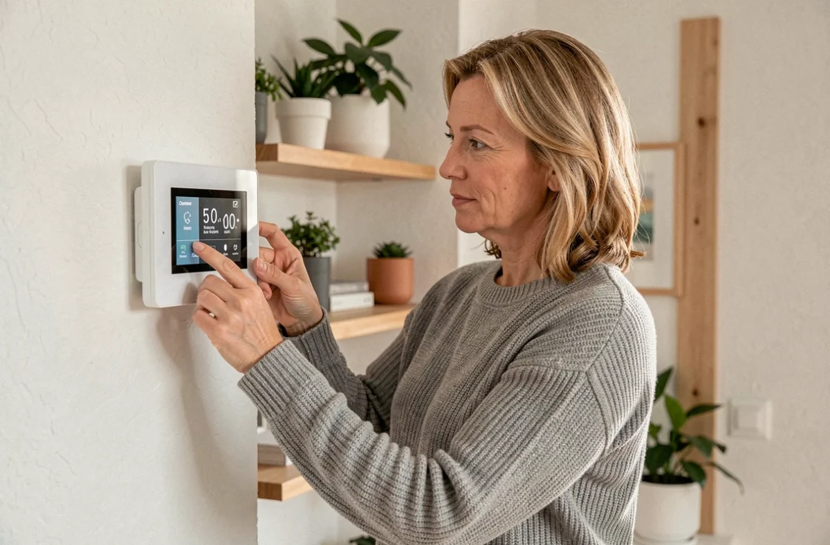 Femme réglant un thermostat connecté lié à une pompe à chaleur dans un intérieur moderne