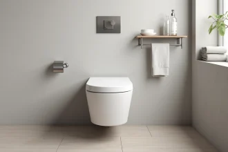 Toilette suspendu design dans une salle de bain minimaliste avec mur en béton gris et plaque de déclenchement chromée mate