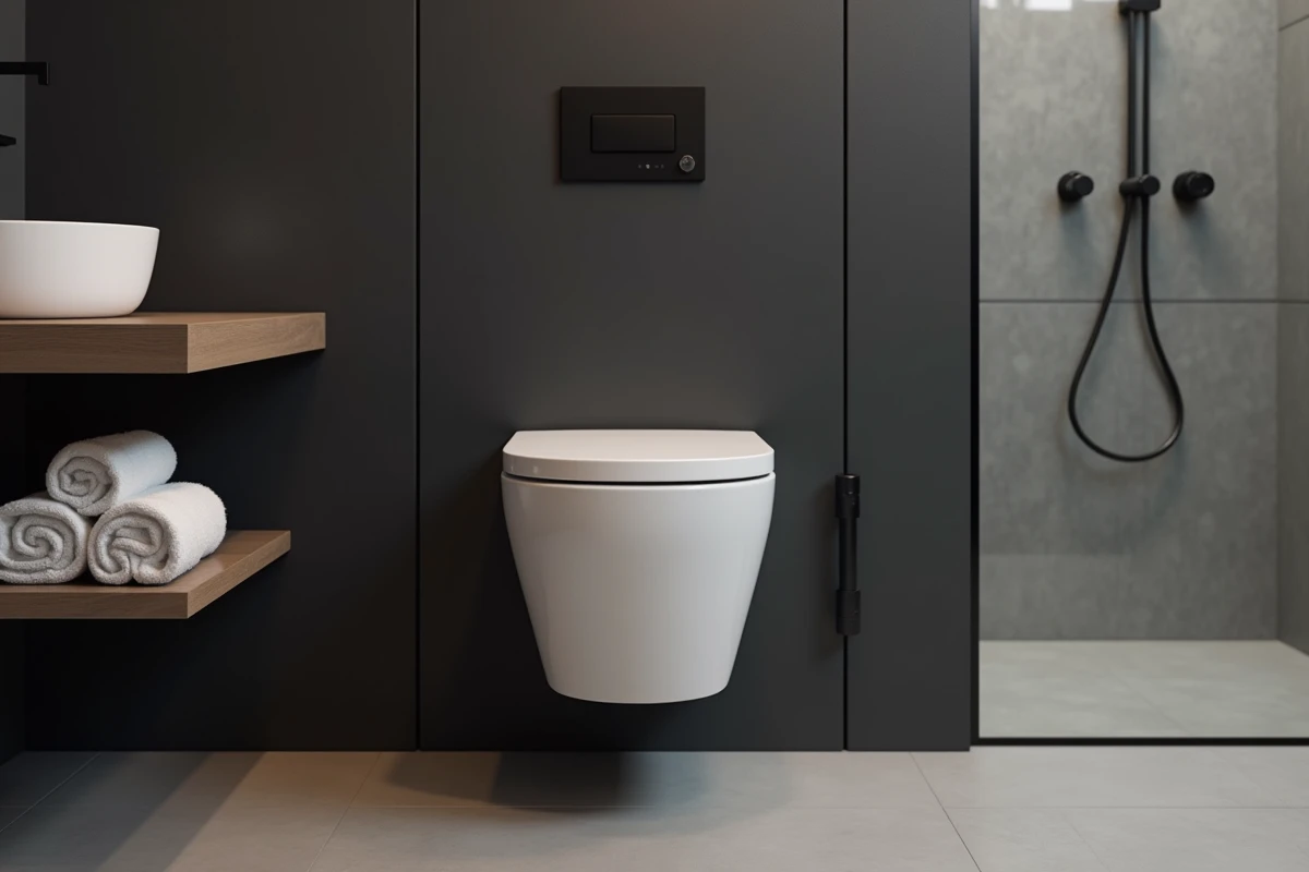 Salle de bain moderne avec toilette suspendu sur mur anthracite, plaque noire mate et meuble vasque en bois flottant